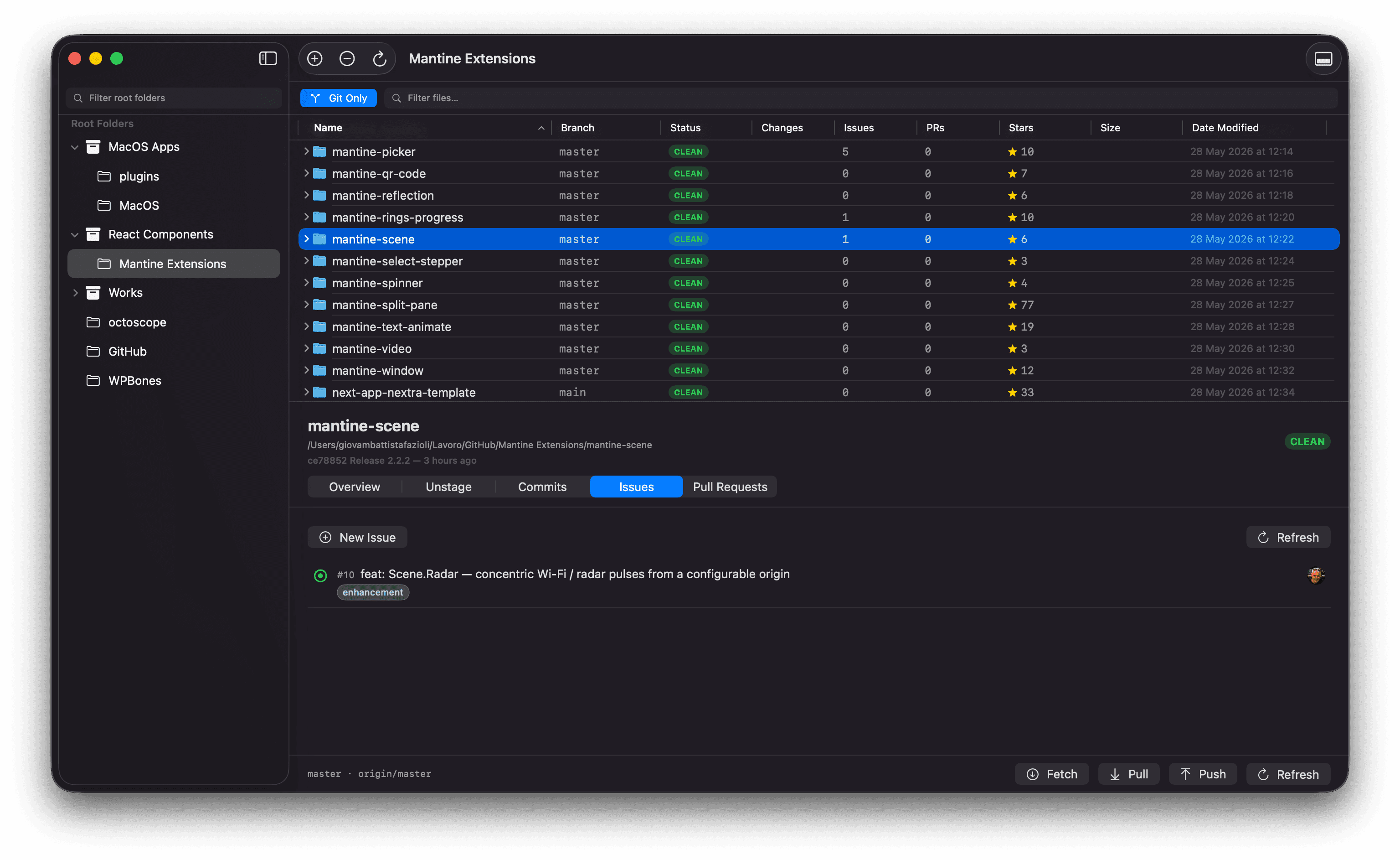 Issues tab — green open-issue icon, number, title, labels, author avatar, with New Issue and Refresh in the header