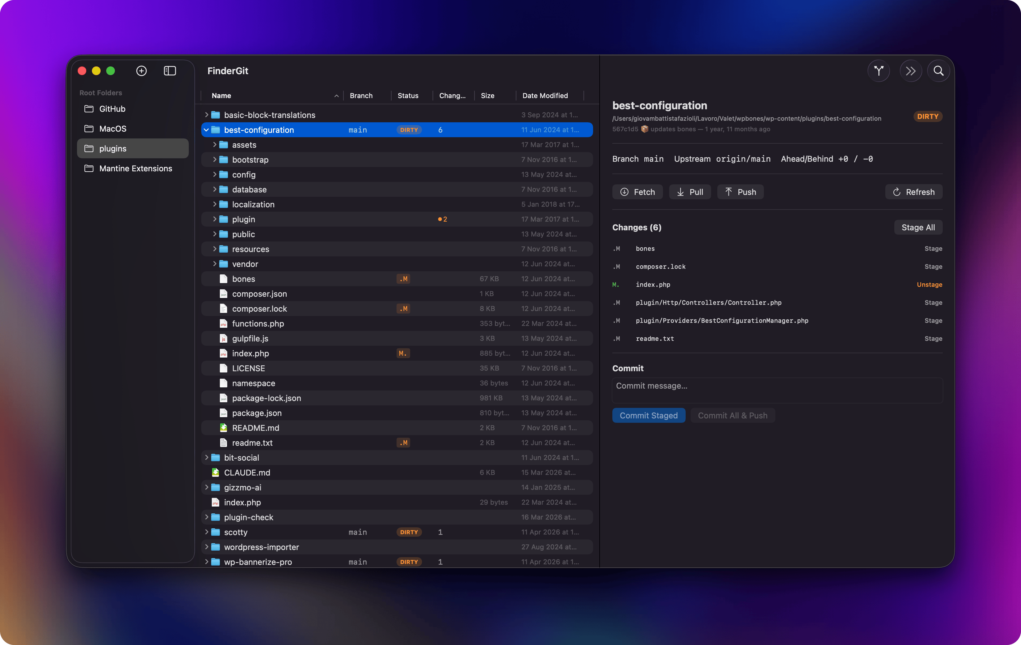 Repository detail panel with changes list, Stage/Unstage and commit area