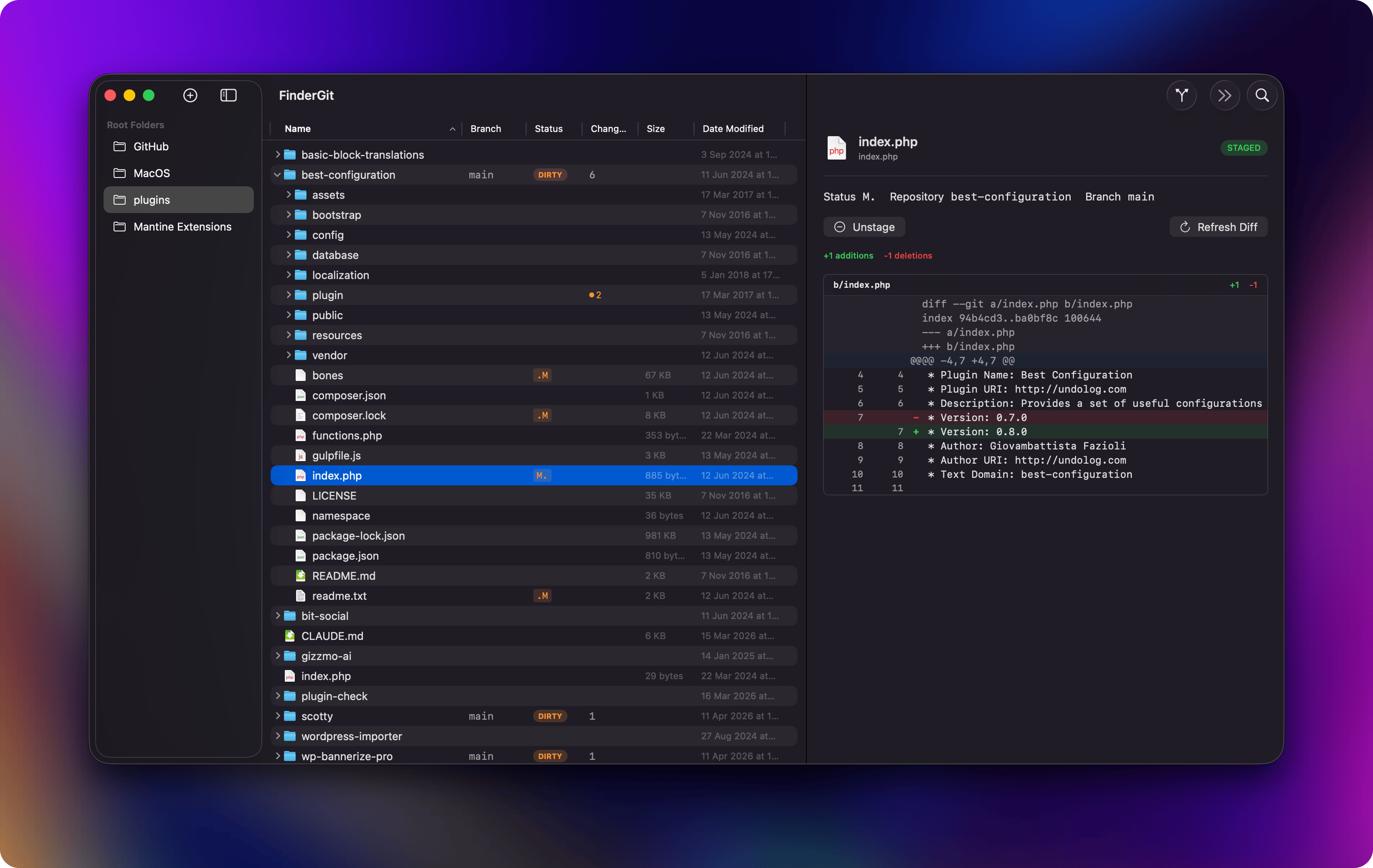 Inline diff viewer with colored additions and deletions