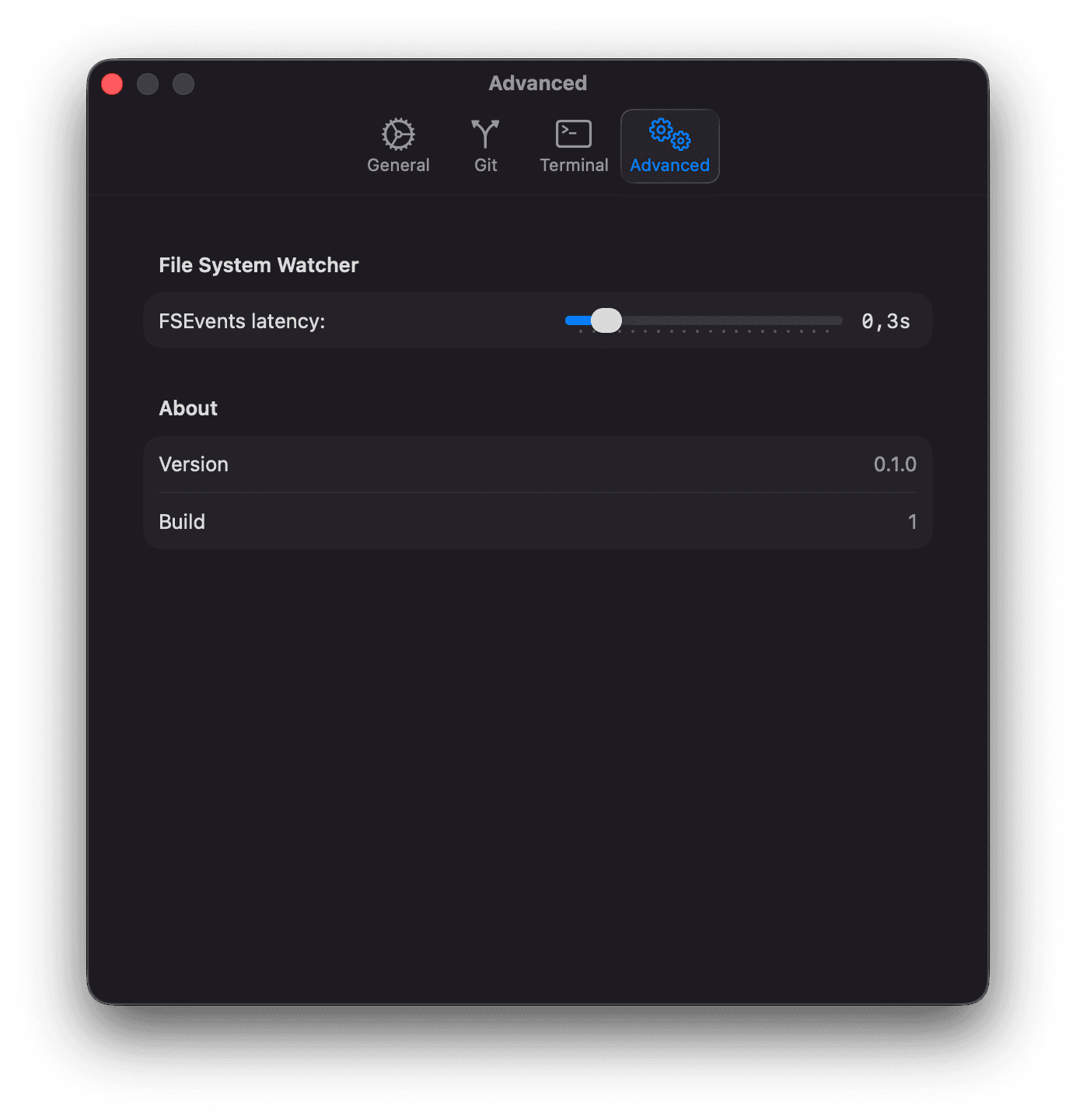 Settings — Advanced tab