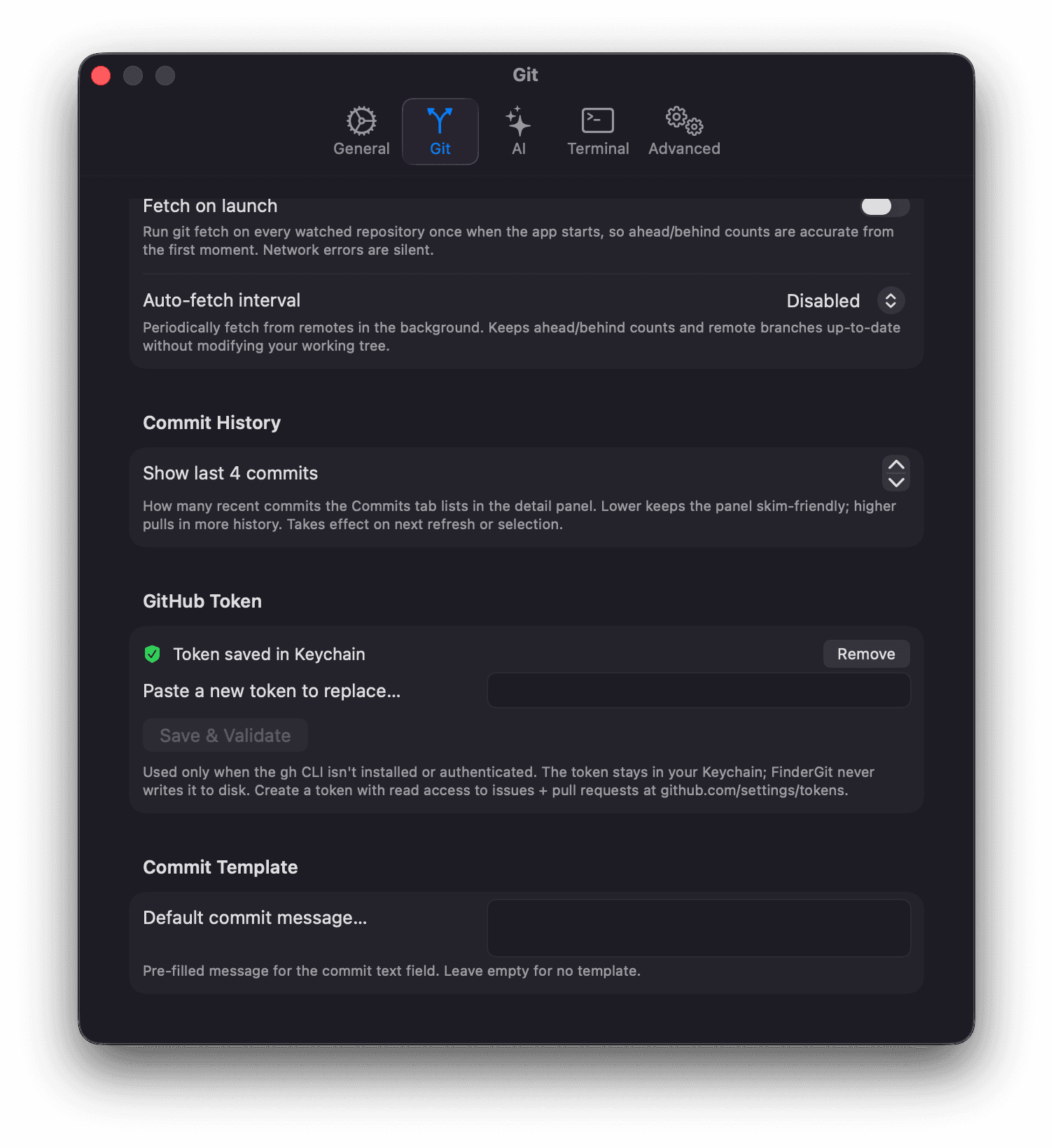 Settings → Git → GitHub Token with a saved token and the paste-to-replace field