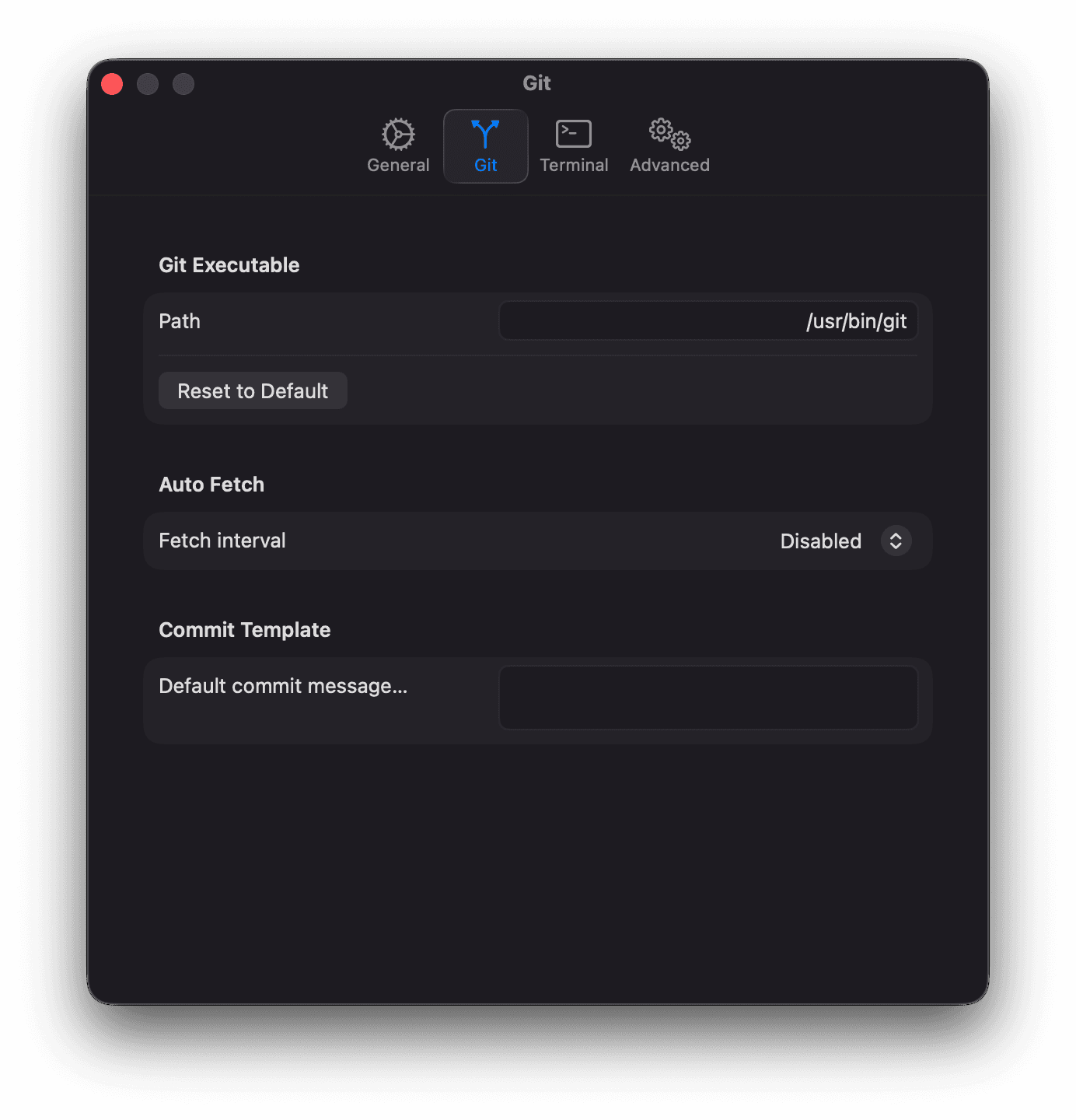 Settings — Git tab